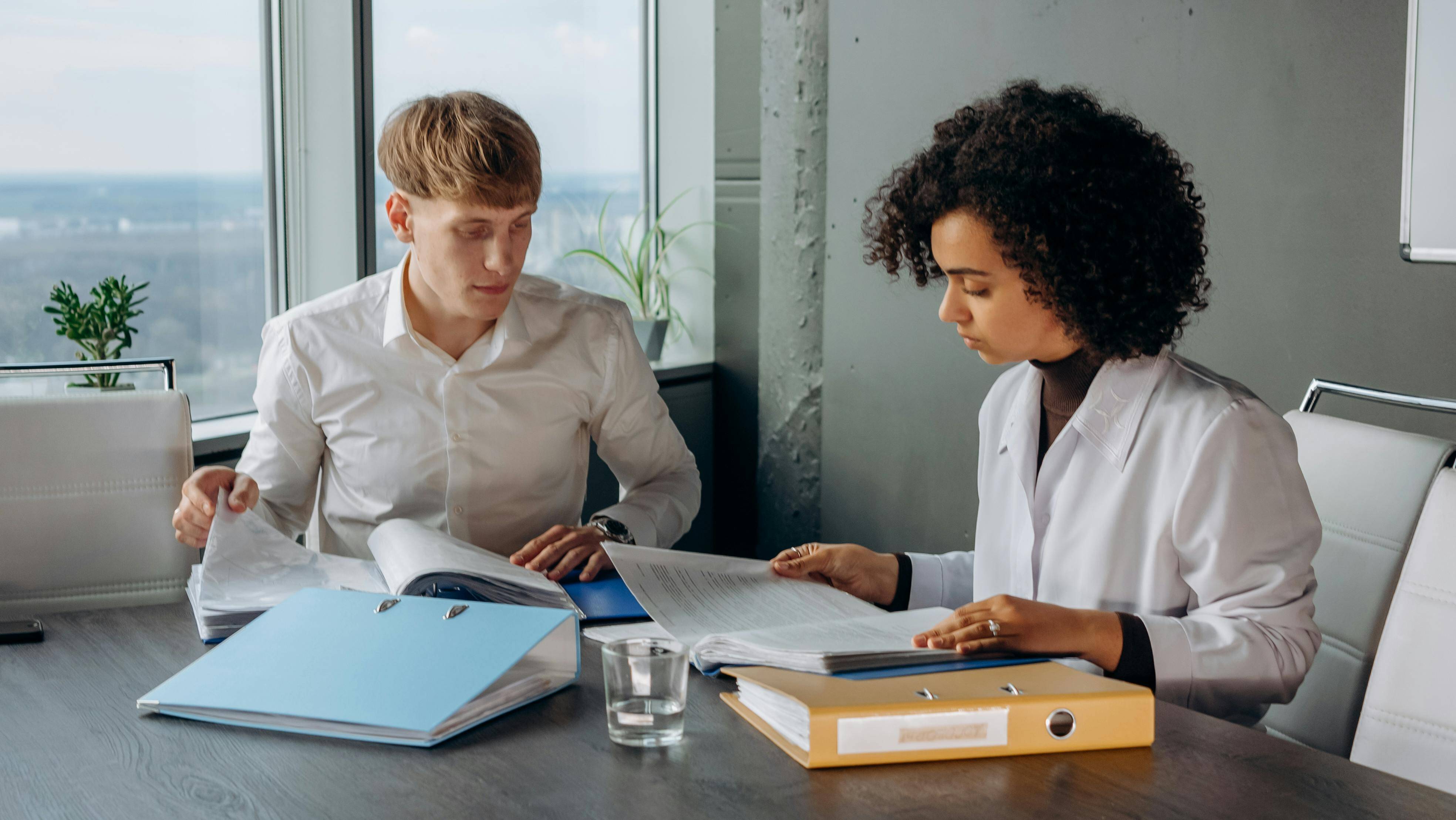 Two colleagues looking at paperwork